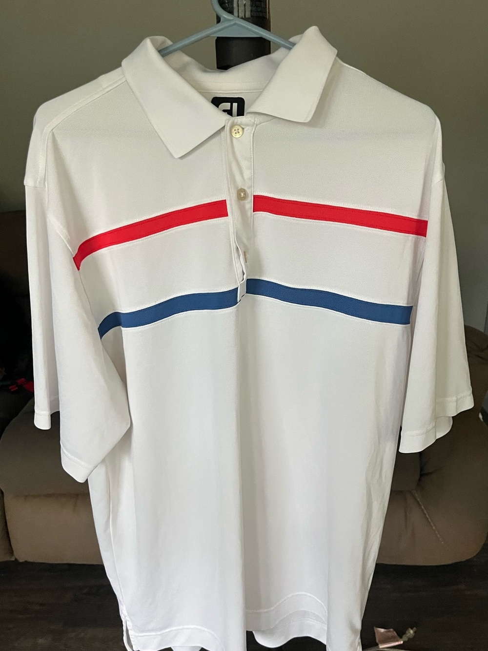 FJ Mens White Short-Sleeve Polo with Red and Blue Stripes